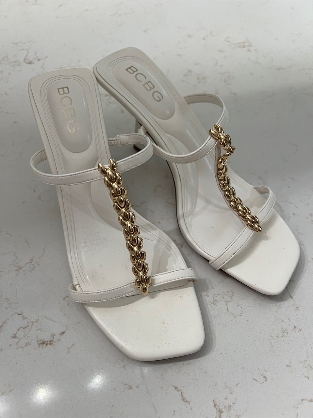 New BCBG Cream Strappy Heels with Gold Chain Detail